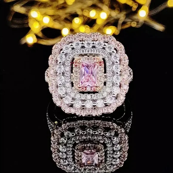 New 925 Silver pink multi color princess cut zircon engagement ring - Picture 2 of 5